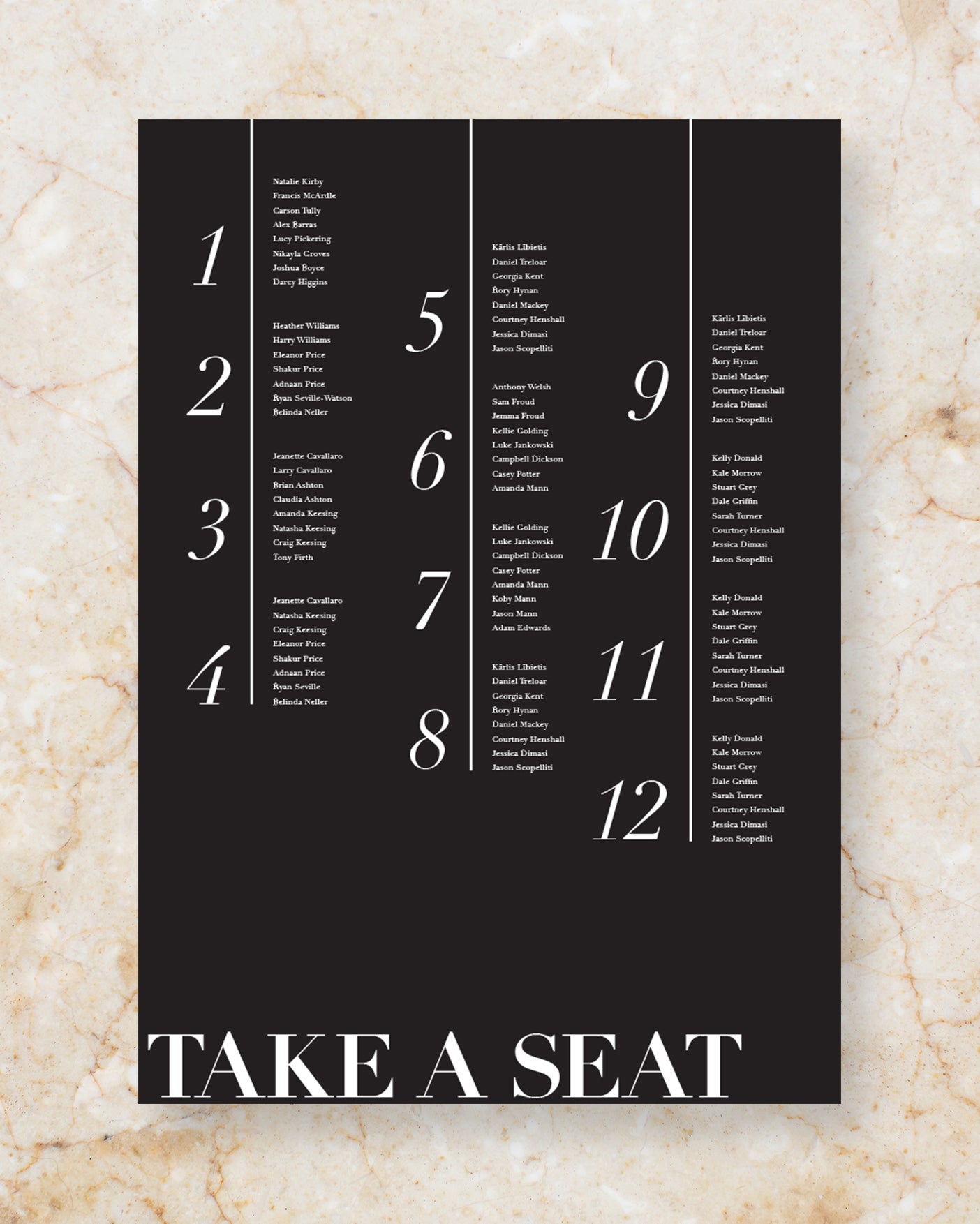 Bodoni seating chart